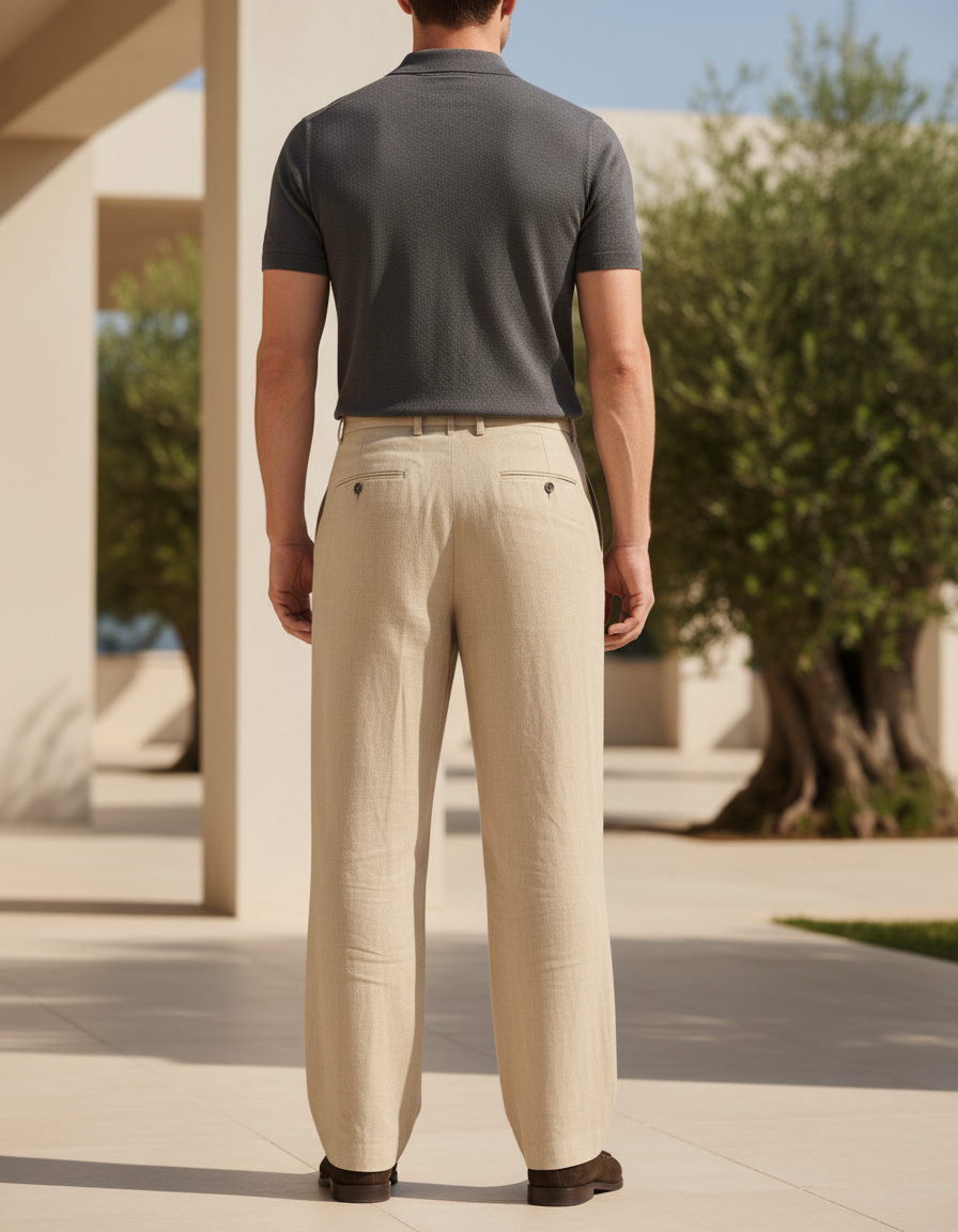 Pantalon En Lin Beige Ample Plissé Homme Décontracté - vue 2