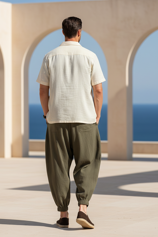 Pantalon En Lin Kaki Ample Cordon Homme Estival - vue 2
