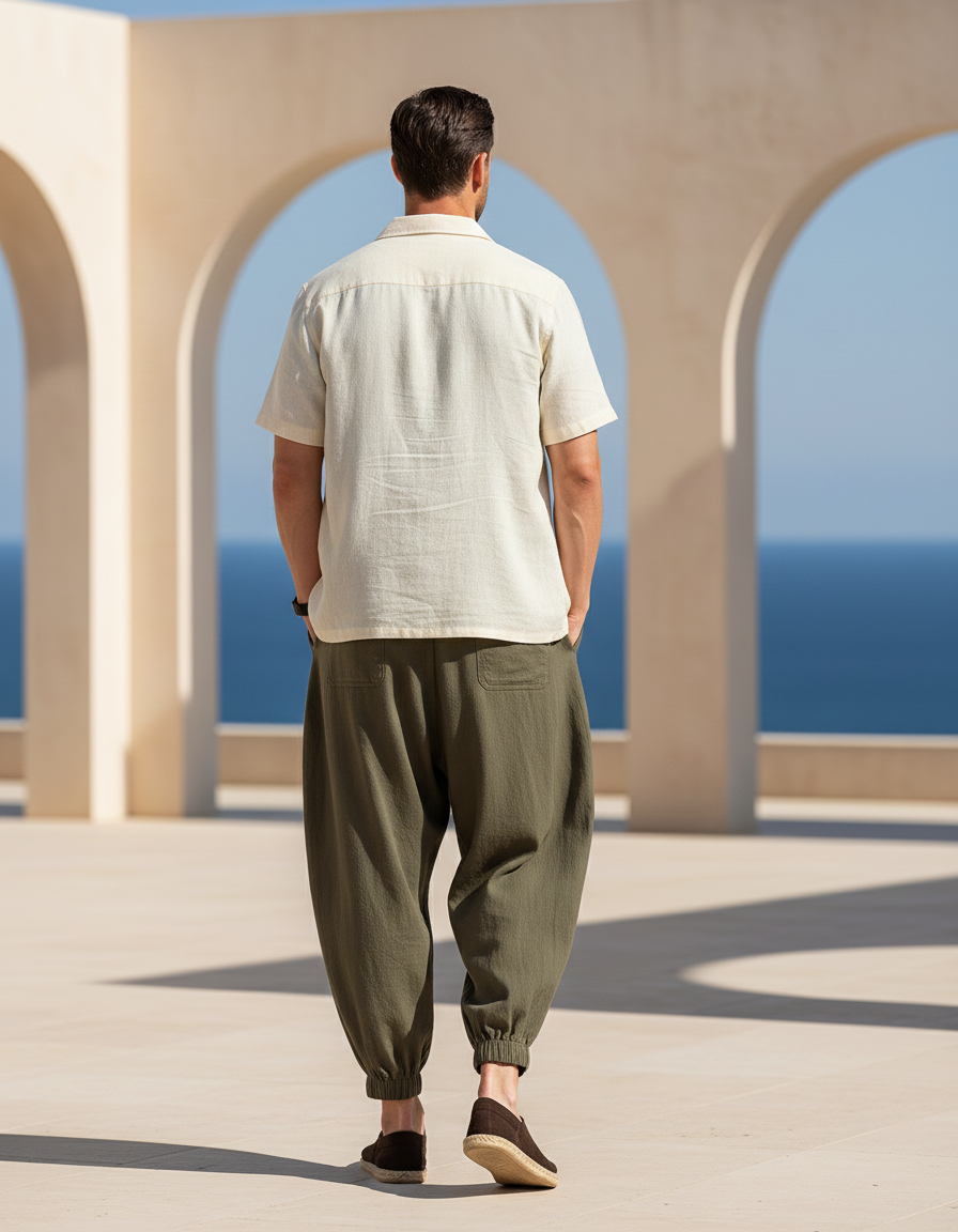 Pantalon En Lin Kaki Ample Cordon Homme Estival - vue 2