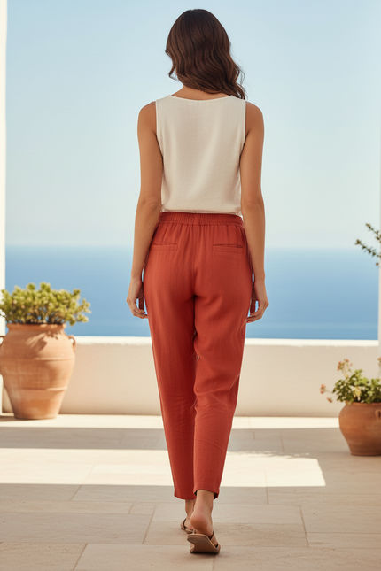 Pantalon En Lin Orange Ample Décontracté Fluide Femme - vue 2