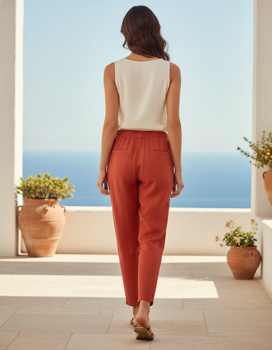 Pantalon En Lin Orange Ample Décontracté Fluide Femme - vue 2