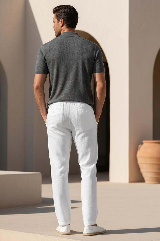 Pantalon En Lin Blanc Homme Droit Cordon Décontracté - vue 2