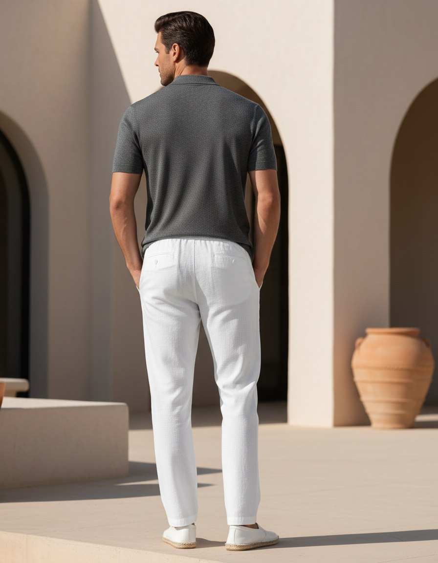 Pantalon En Lin Blanc Homme Droit Cordon Décontracté - vue 2