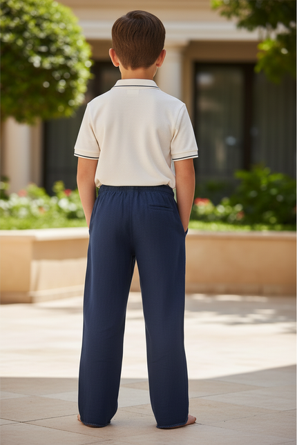 Pantalon En Lin Bleu Marine Droit Enfant Motif Palmier - vue 2