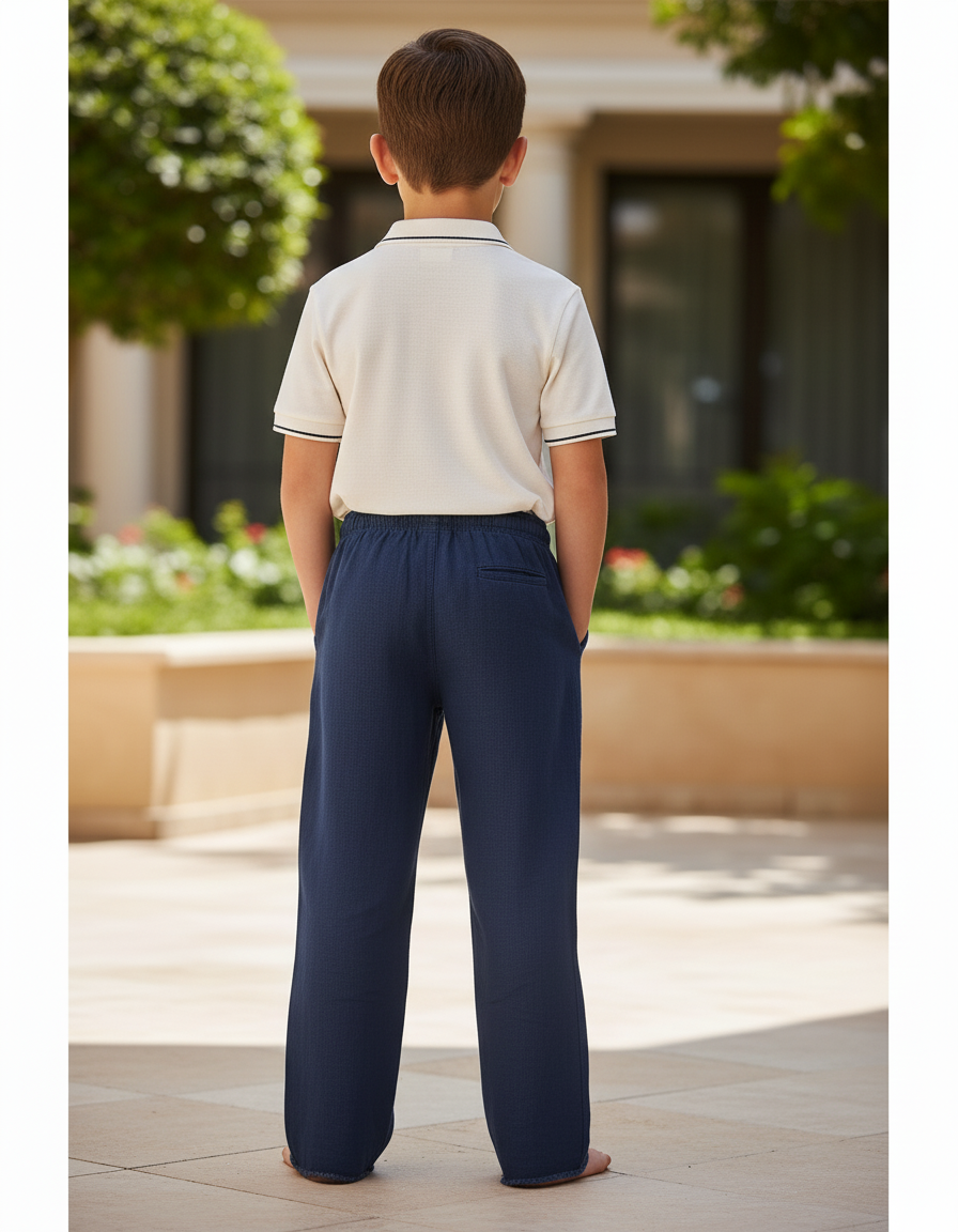 Pantalon En Lin Bleu Marine Droit Enfant Motif Palmier - vue 2