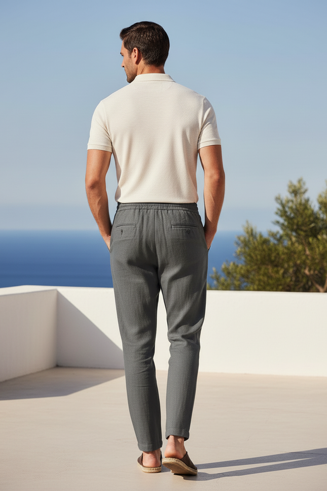 Pantalon En Lin Mélangé Avec Taille Élastique - Gris - vue 2