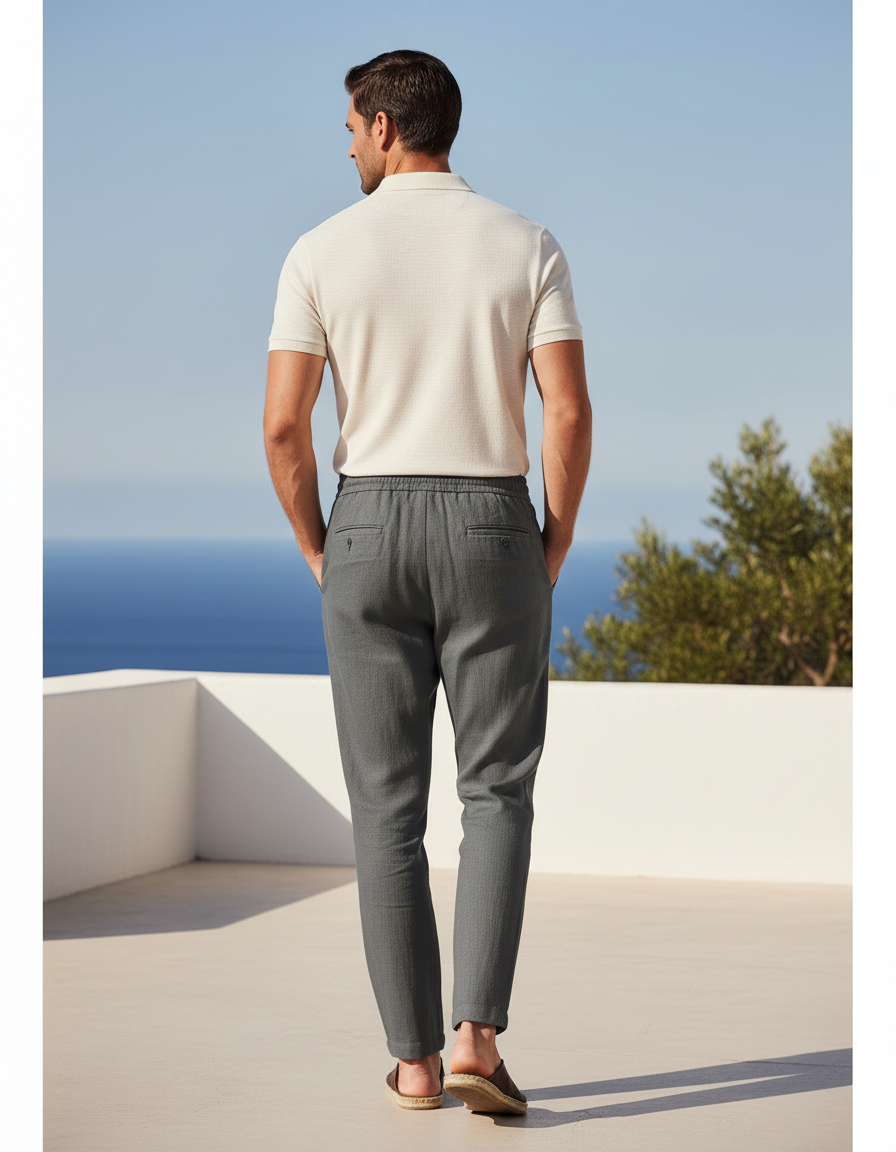 Pantalon En Lin Mélangé Avec Taille Élastique - Gris - vue 2