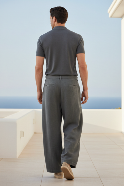 Pantalon En Lin Ample Gris Ceinture Décontracté Homme - vue 2
