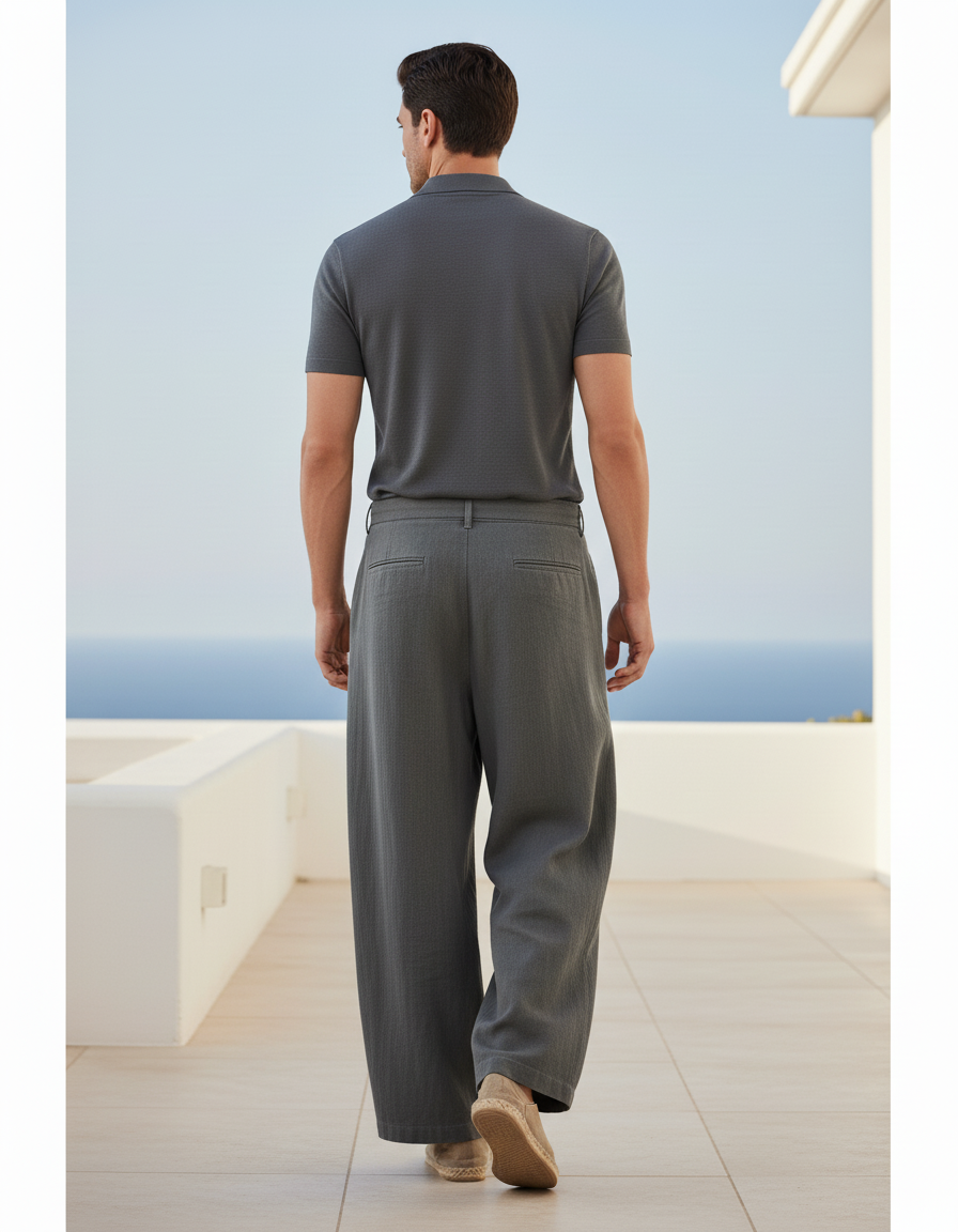 Pantalon En Lin Ample Gris Ceinture Décontracté Homme - vue 2