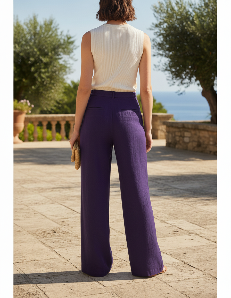 Pantalon En Lin Violet Ample Plissé Décontracté - vue 2