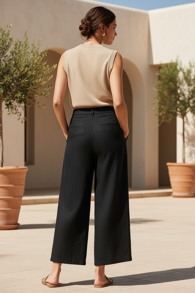 Pantalon En Lin Noir Ample Plissé Confortable Femme - vue 2