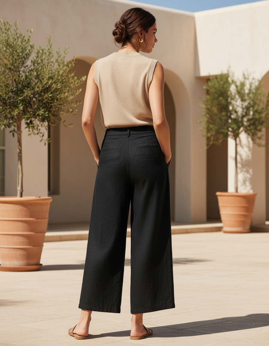 Pantalon En Lin Noir Ample Plissé Confortable Femme - vue 2