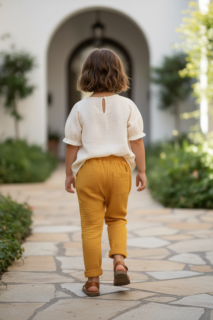 Pantalon En Lin Moutarde Gaze Ample Confortable Enfant - Jaune - vue 2