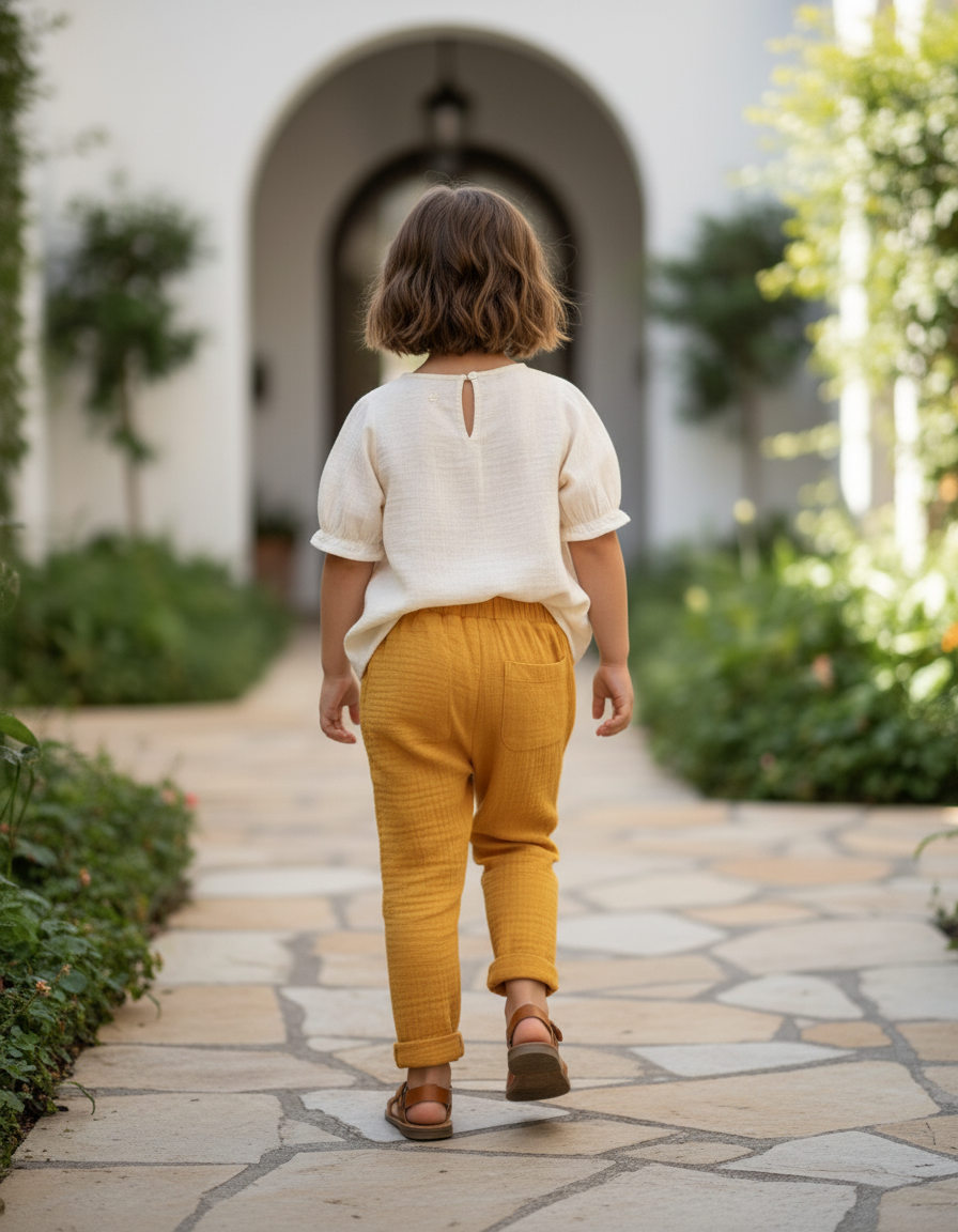 Pantalon En Lin Moutarde Gaze Ample Confortable Enfant - Jaune - vue 2