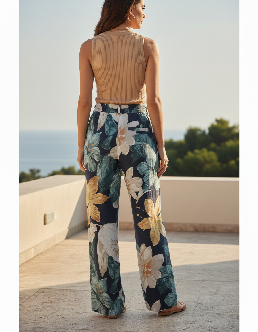 Pantalon En Lin Fleuri Ample Fluide Estival Noir - vue 2