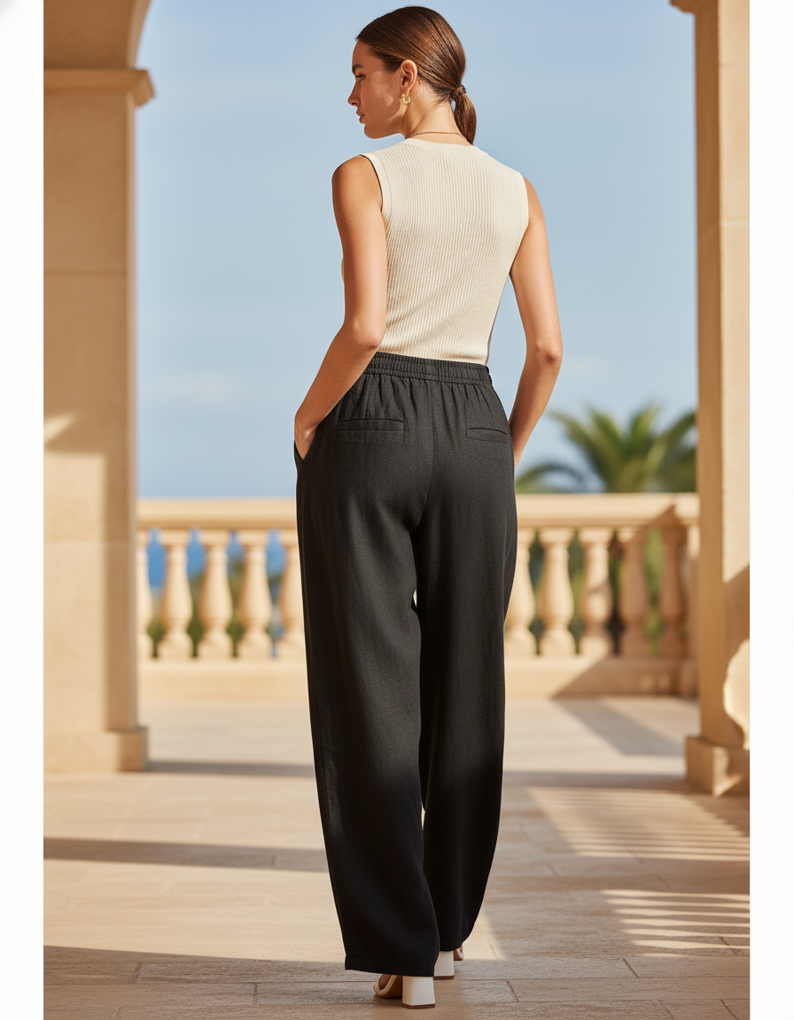 Pantalon En Lin Noir Ample Fluide Taille Élastique Femme - vue 2