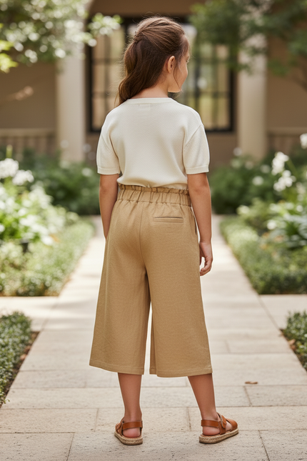 Pantalon En Lin Ample Beige Fille Décontracté Fluide - Camel - vue 2