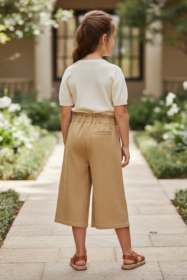 Pantalon En Lin Ample Beige Fille Décontracté Fluide - Camel - vue 2