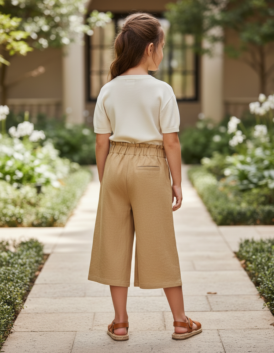 Pantalon En Lin Ample Beige Fille Décontracté Fluide - Camel - vue 2