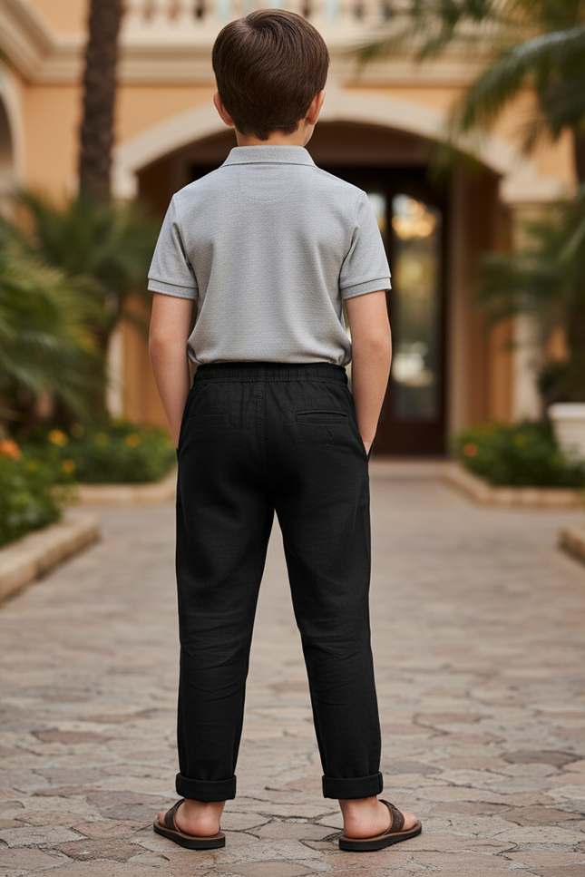 Pantalon En Lin Noir Cordon Ample Décontracté Enfant - vue 2
