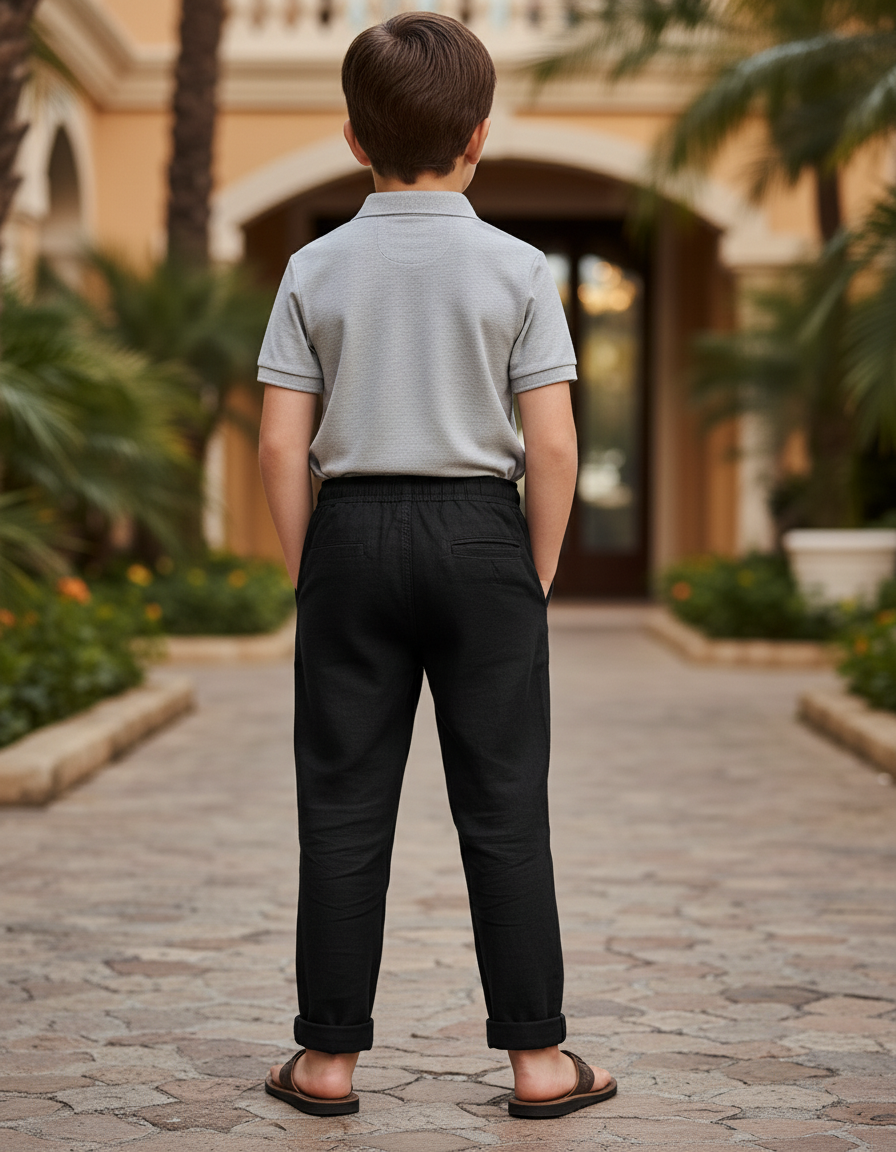 Pantalon En Lin Noir Cordon Ample Décontracté Enfant - vue 2
