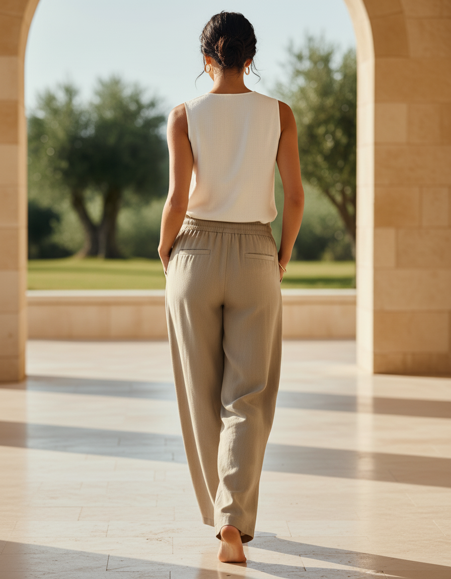 Pantalon Lin Ceinture Elastique - Beige - vue 2
