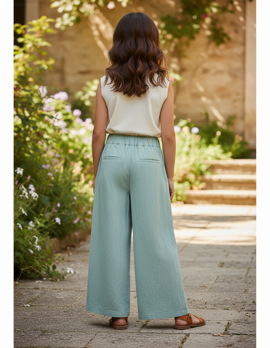 Pantalon En Lin Vert Ample Plissé Élastique Enfant - vue 2