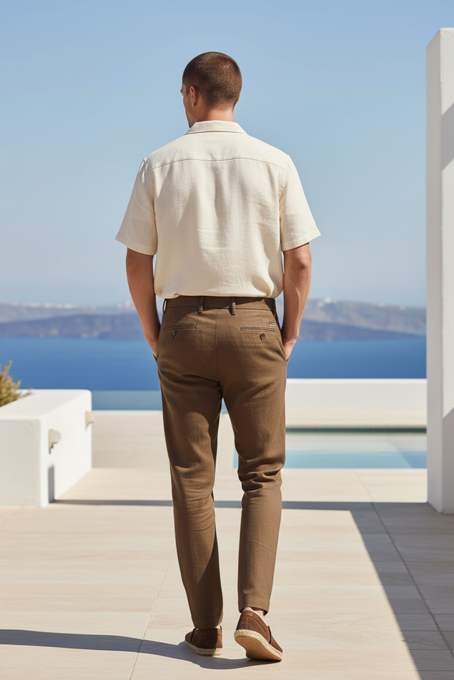 Pantalon En Lin Marron Plissé Décontracté Homme Élégant - vue 2