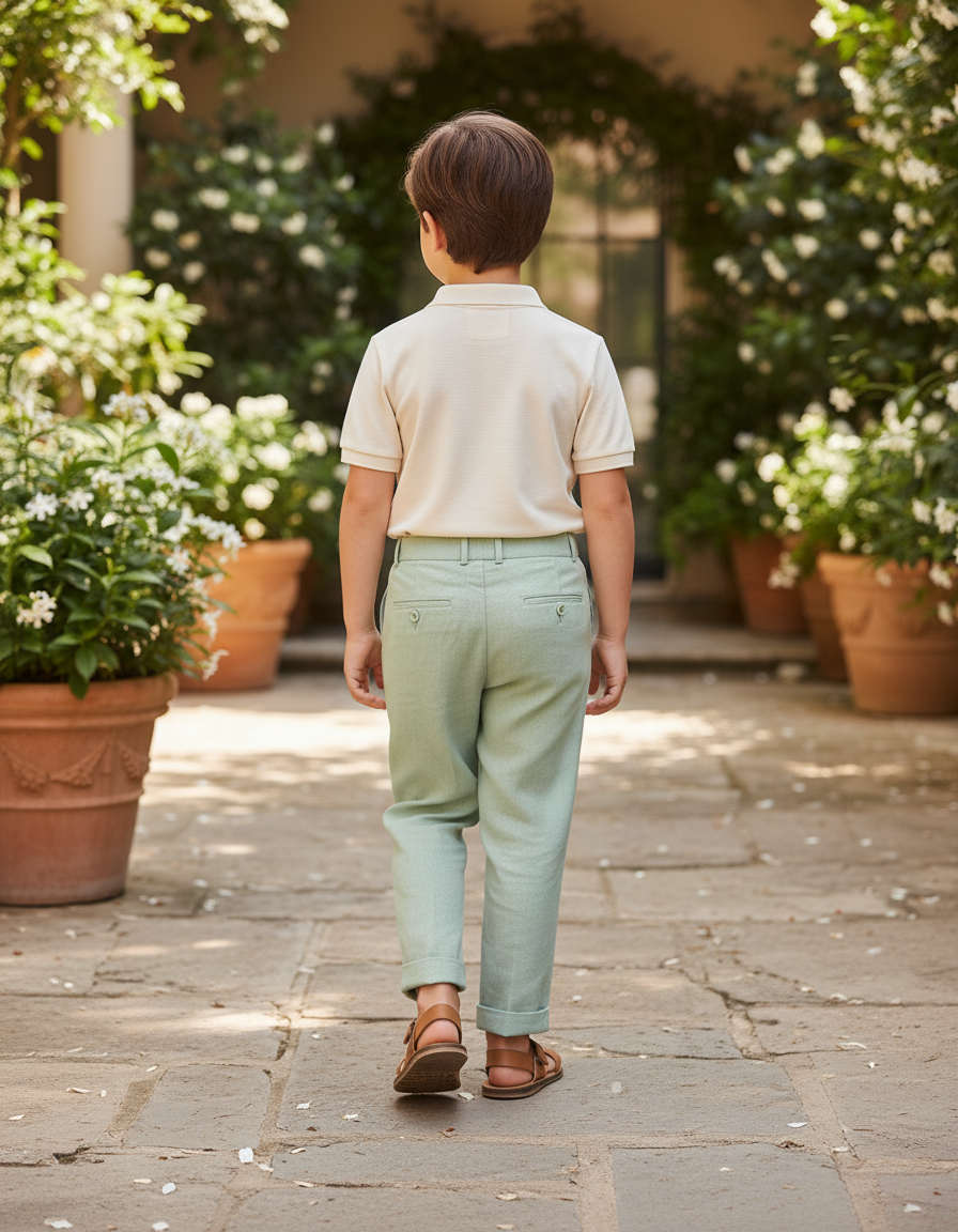 Pantalon En Lin Vert Menthe Plissé Enfant Élégant - vue 2