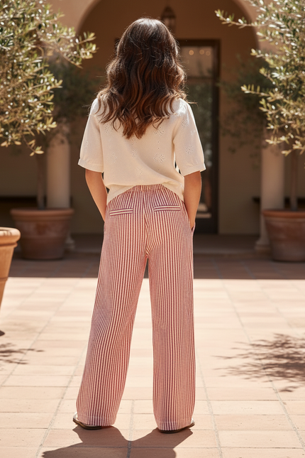 Pantalon En Lin Rayé Rouge Fluide Ample Fille - vue 2