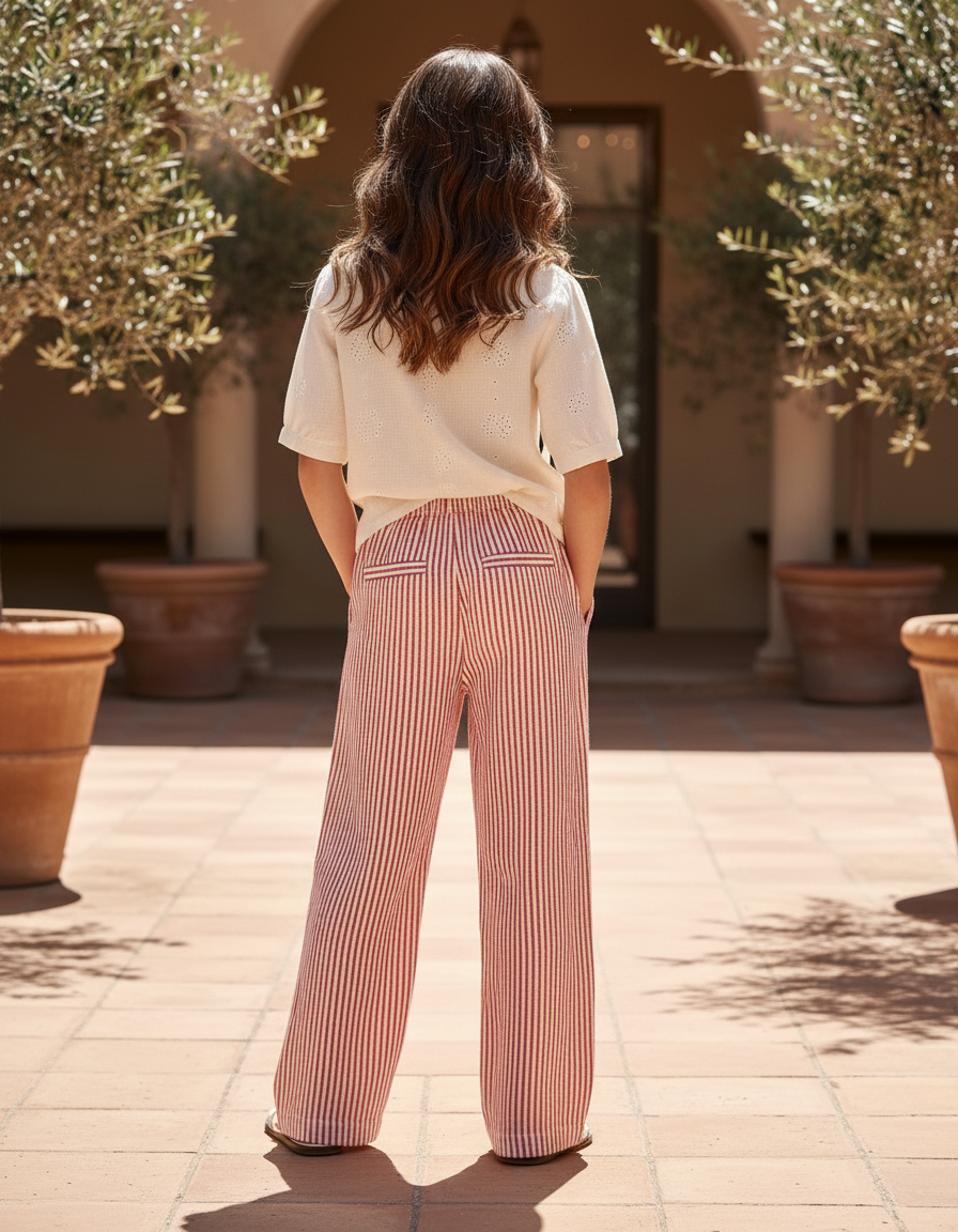 Pantalon En Lin Rayé Rouge Fluide Ample Fille - vue 2