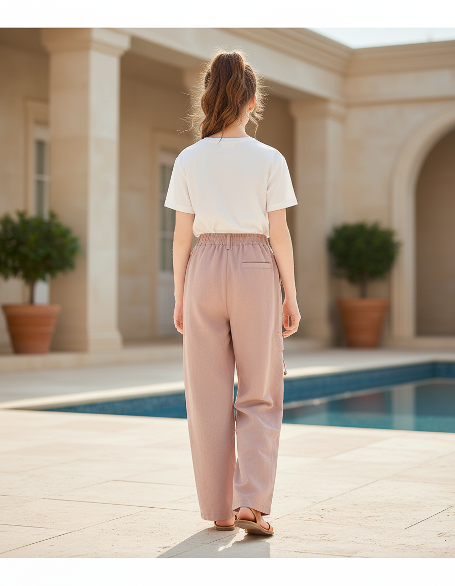 Pantalon En Lin Rose Cargo Ample Enfant Décontracté - vue 2