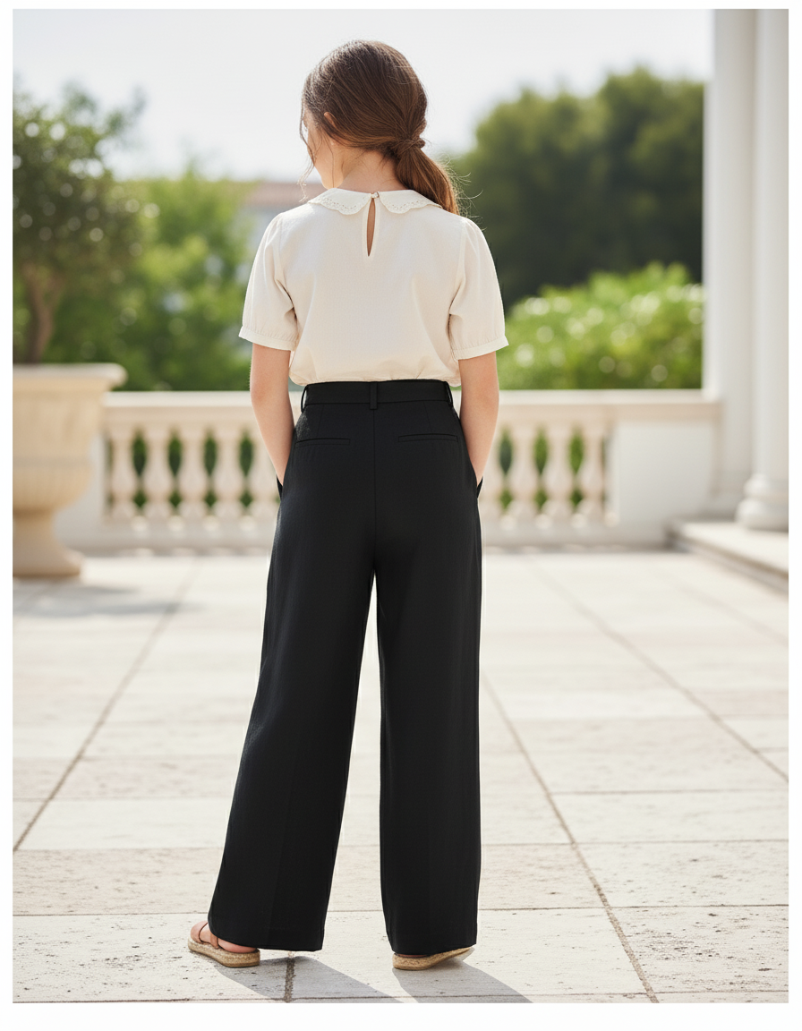 Pantalon En Lin Noir Ample Décontracté Fluide Fille - vue 2