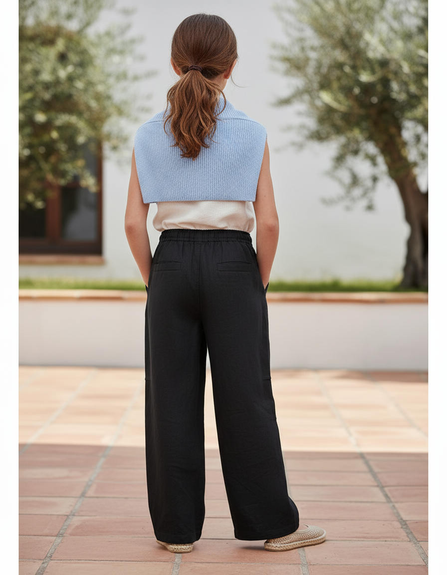 Pantalon En Lin Noir Ample Fluide Fille - vue 2