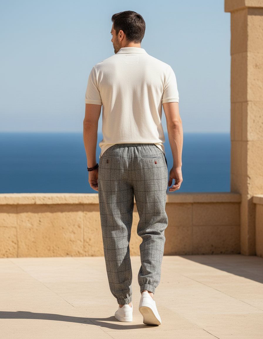 Pantalon En Lin Gris À Carreaux Ample Décontracté Homme - Laine - vue 2