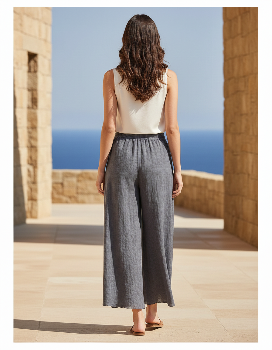 Pantalon En Lin Ample Gris Fluide Décontracté Femme - vue 2