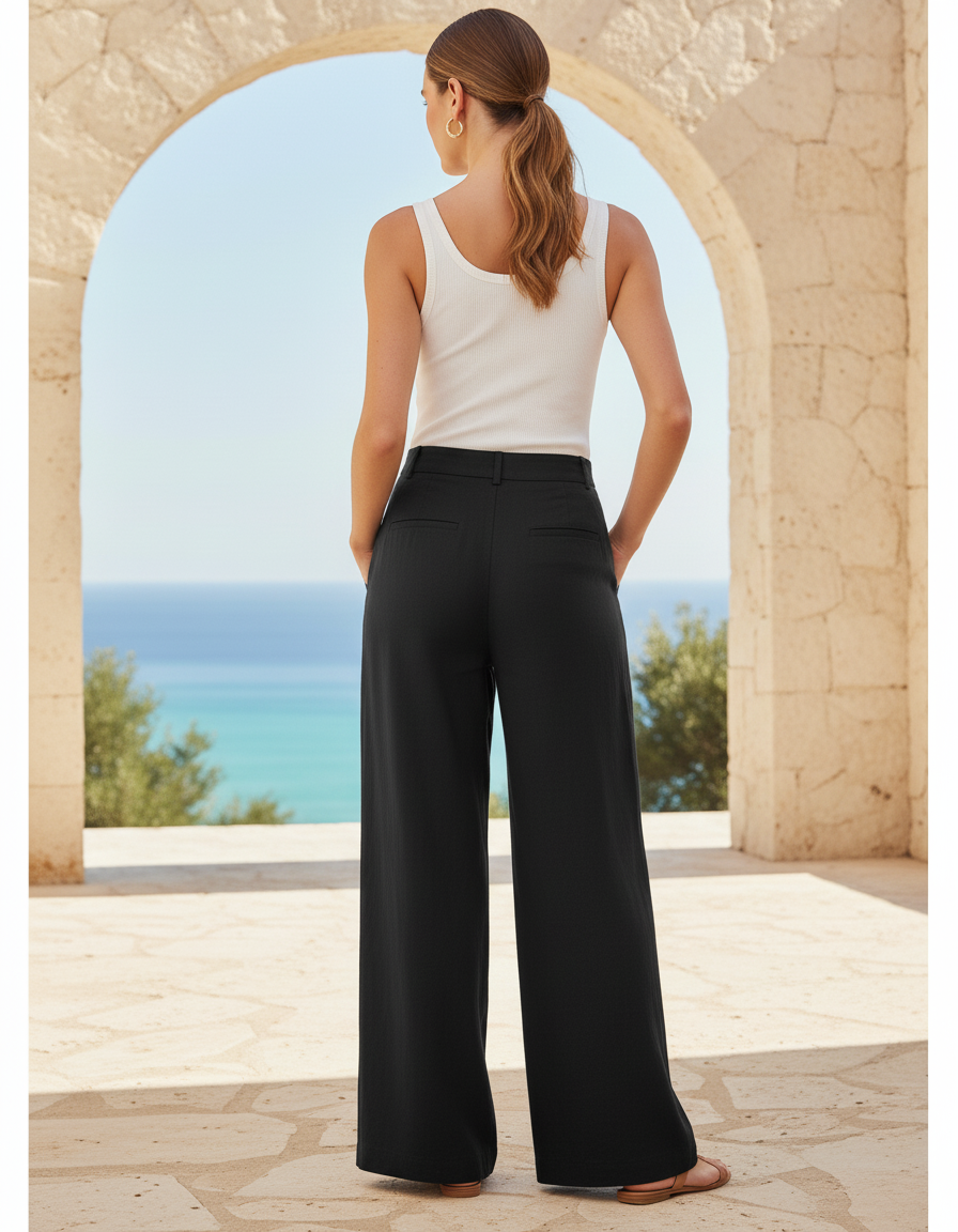 Pantalon En Lin Noir Ample Plissé Fluide Décontracté - vue 2