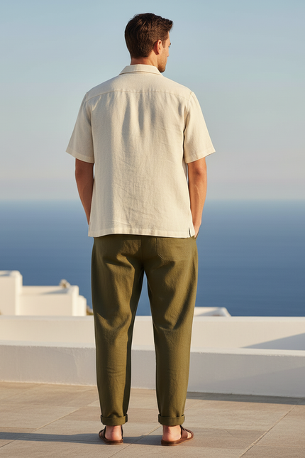 Pantalon En Lin Vert Kaki Ample Décontracté Cordon Homme - vue 2
