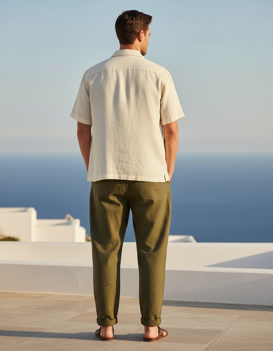 Pantalon En Lin Vert Kaki Ample Décontracté Cordon Homme - vue 2