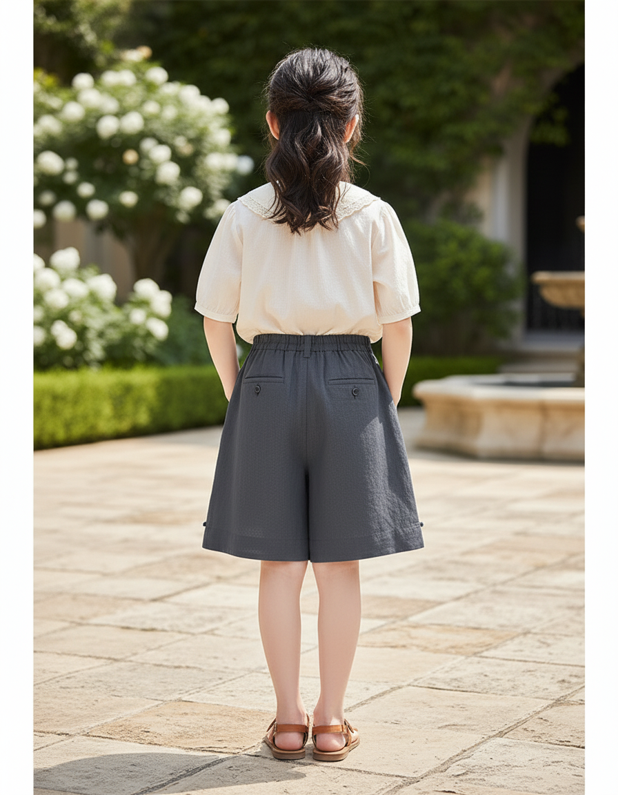 Pantalon En Lin Gris Ample Décontracté Court Fille - vue 2
