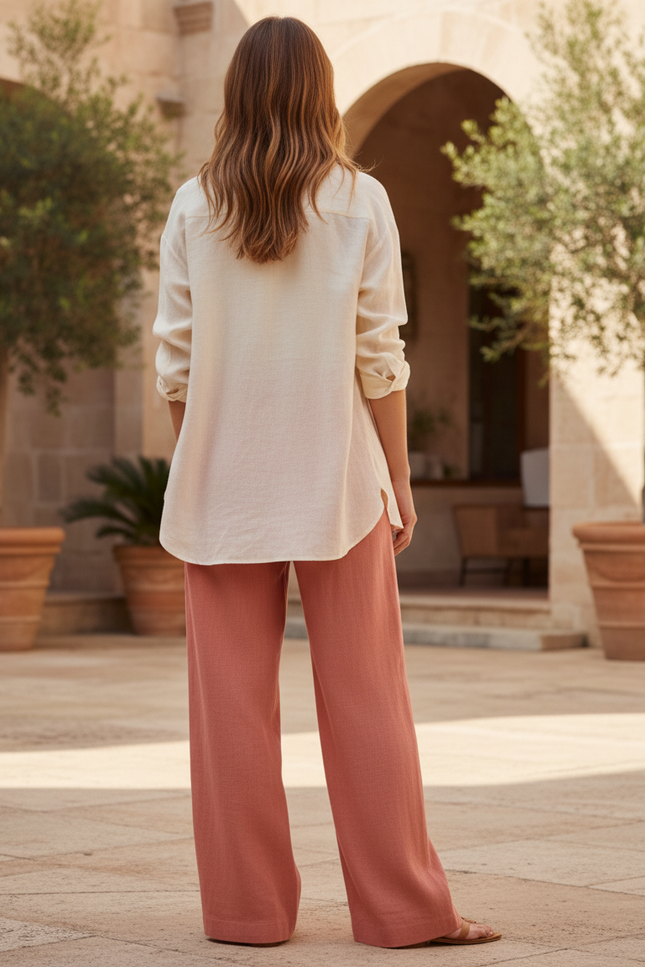 Pantalon En Lin Rose Ample Fluide Décontracté Chic - vue 2