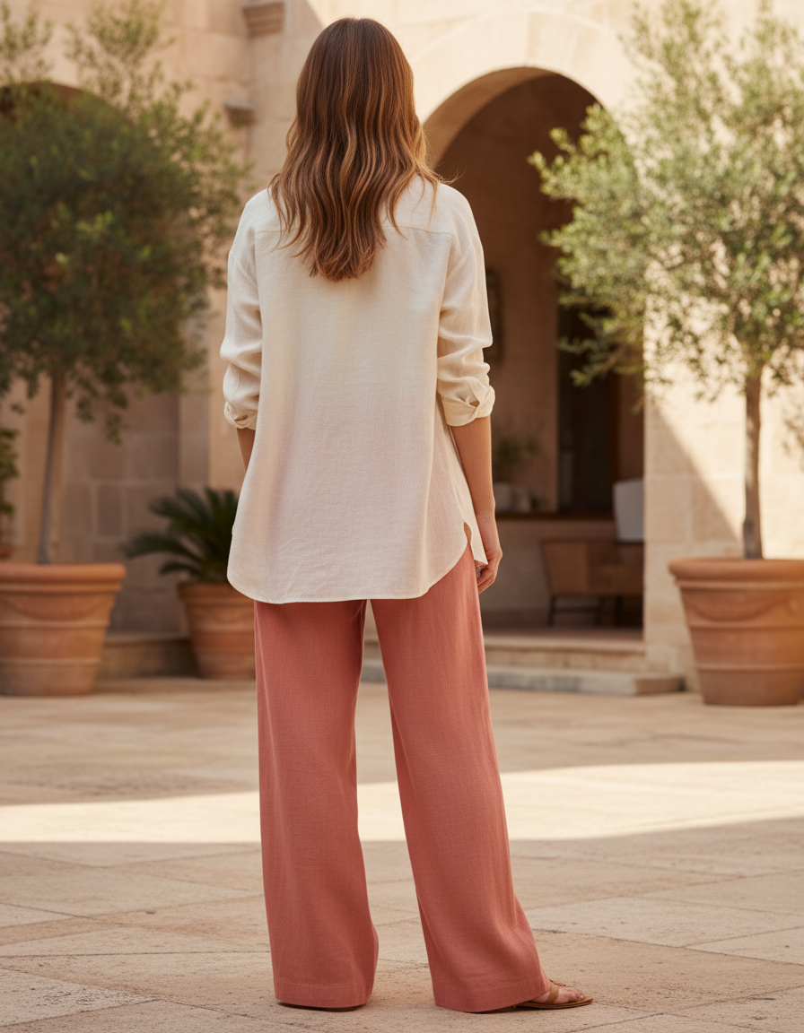 Pantalon En Lin Rose Ample Fluide Décontracté Chic - vue 2