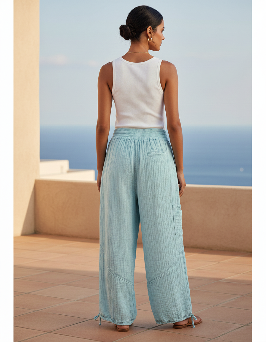 Pantalon En Lin Ample Bleu Ciel Cargo Femme - vue 2
