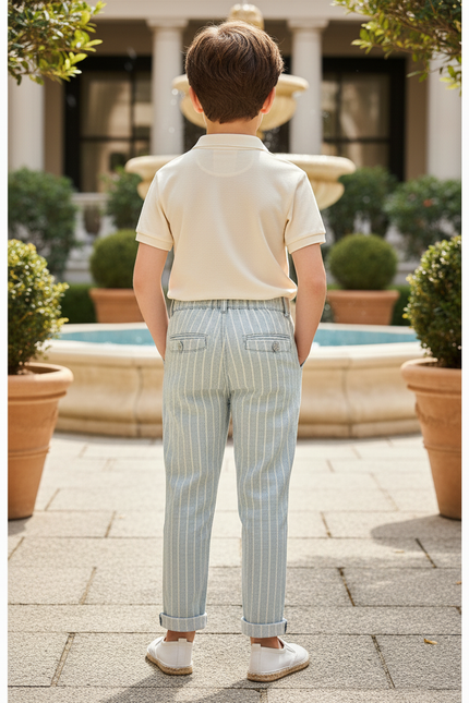 Pantalon En Lin Rayé Bleu Ciel Décontracté Enfant - vue 2