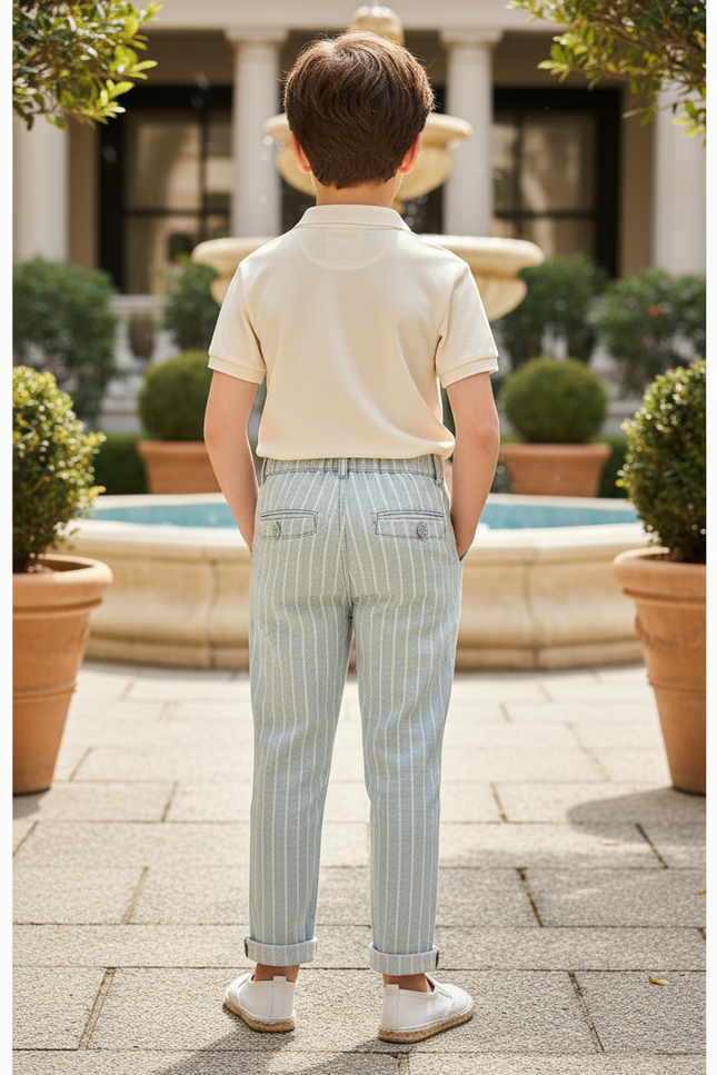 Pantalon En Lin Rayé Bleu Ciel Décontracté Enfant - vue 2