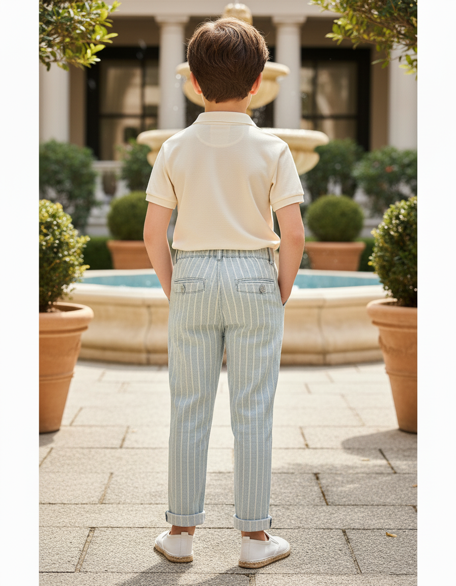 Pantalon En Lin Rayé Bleu Ciel Décontracté Enfant - vue 2