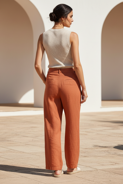 Pantalon En Lin Terre Cuite Ample Décontracté Fluide - Orange - vue 2