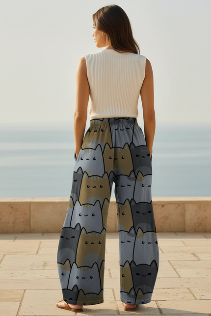 Pantalon En Lin Imprimé Chats Ample Décontracté Fluide - vue 2