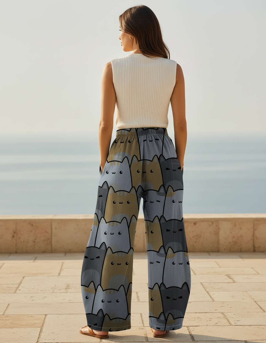 Pantalon En Lin Imprimé Chats Ample Décontracté Fluide - vue 2