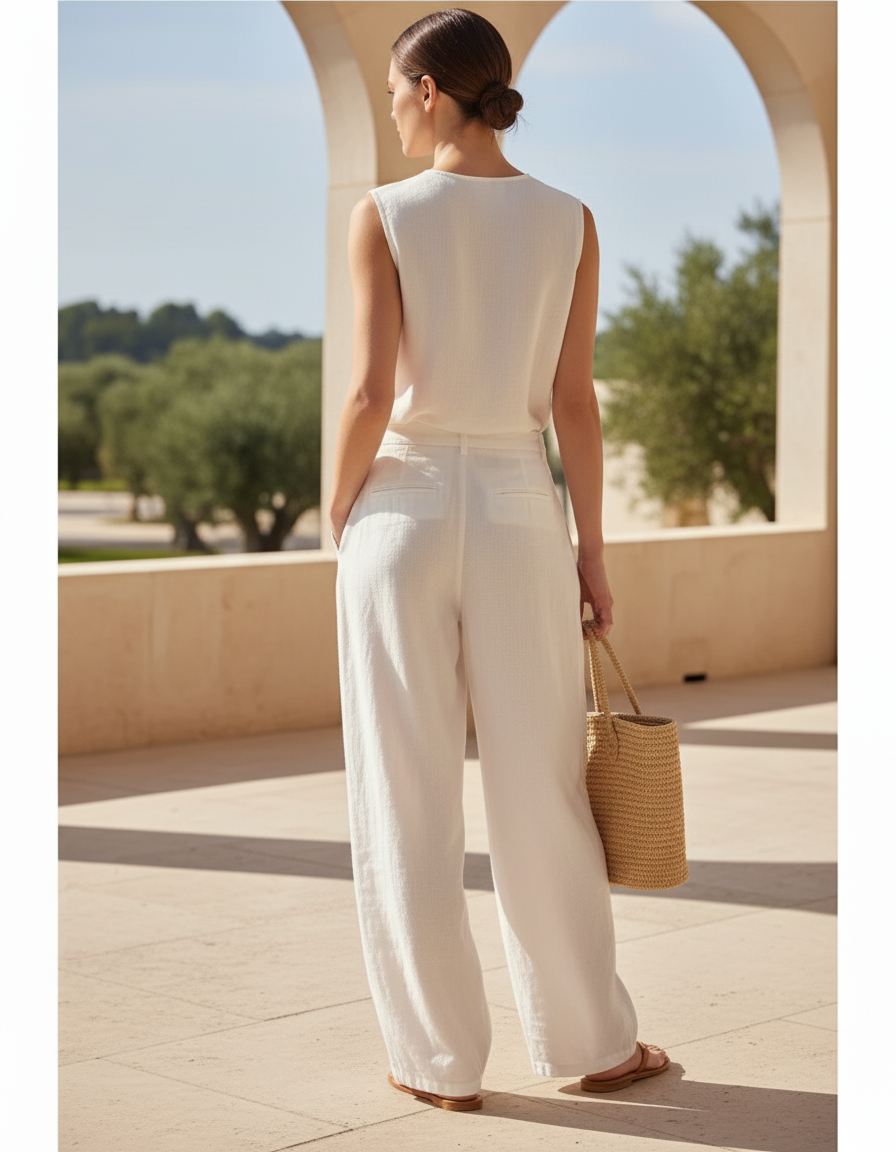 Pantalon Lin Avec Ceinture - Blanc - vue 2
